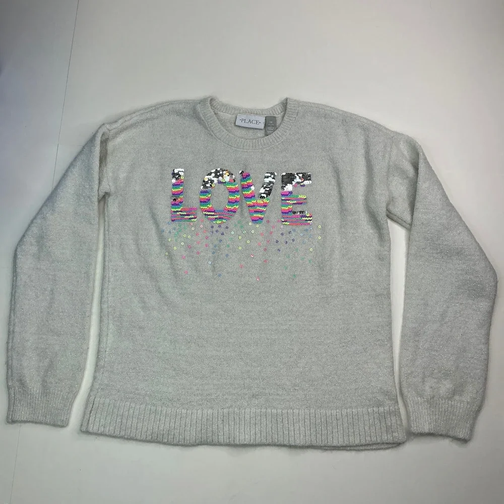 The Children's Place Grey Shimmer LOVE Sweater Girls Size 14 XL Rainbow Sequin